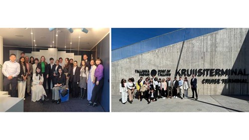 two photos arranged next to each other showing Postgraduate students posing on site visits to different companies on their study trip